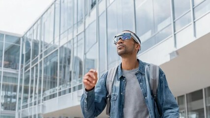 Man Exploring AR City: A stylish man wearing augmented reality glasses explores a modern city, showcasing cutting-edge technology in an urban environment. - Powered by Adobe