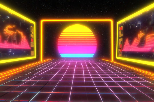 Retro 80s synthwave sunset neon grid corridor