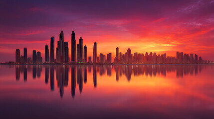 Stunning city skyline at sunrise reflected in calm water