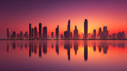 Obraz premium Stunning abu dhabi skyline at sunset cityscape reflection