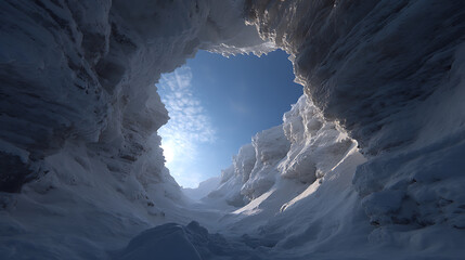 Snow covered canyon winter wonderland bright blue sky
