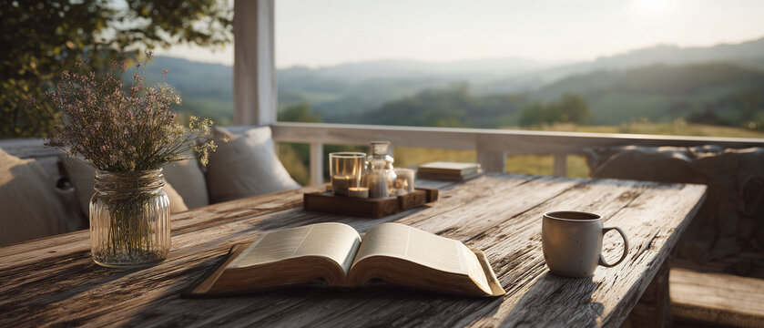 serene, rustic scene with open bible laying on the table outside, next to a coffee cup and tranquil nature landsape; concept of bible study, calmness, searching for answers