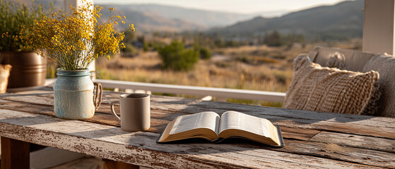 serene scene with open bible laying on the table outside, next to a coffee cup and tranquil mountains scenery; concept of bible study, calmness, searching for answers