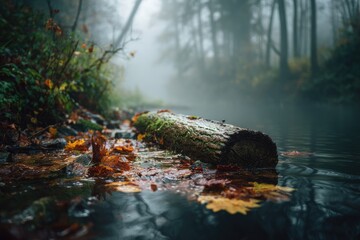 Mossy log rests in a misty, autumnal stream, surrounded by fallen leaves and shrouded in fog