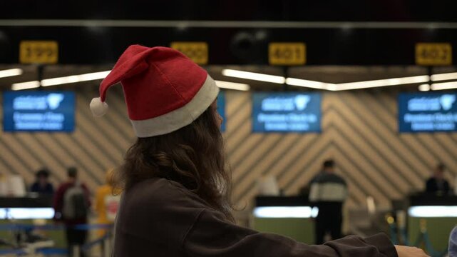 Young woman in santa hat waiting patiently near airport check in counter, embodying holiday travel spirit during festive christmas season