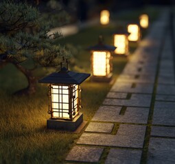 Serene nighttime garden path lined with illuminated Asian-style lanterns, bordered by manicured grass and a bonsai-like tree