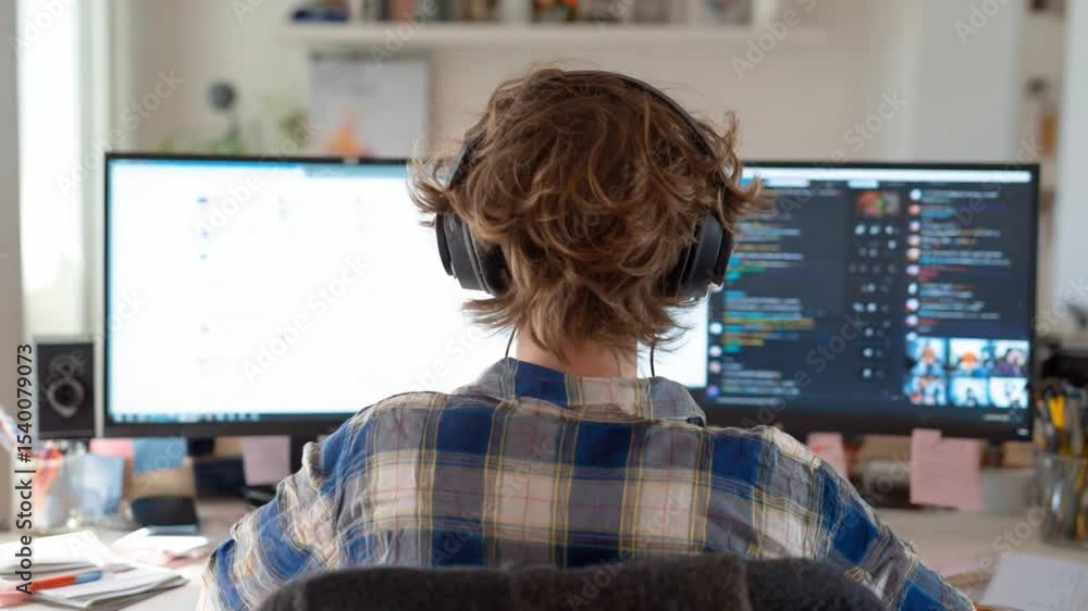 Poster focused code: a concentrated individual, immersed in the digital world, intently codes on multiple c