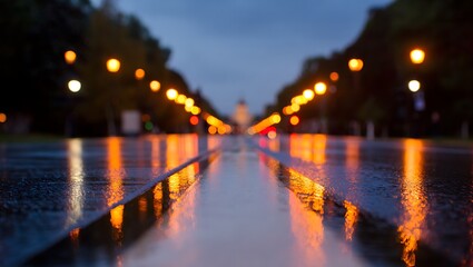 Rainy night city street reflections blurred lights