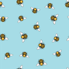 Seamless pattern with bees. Small wasp. Vector illustration. Design for invitation, cards, textile, fabric. Doodle style.