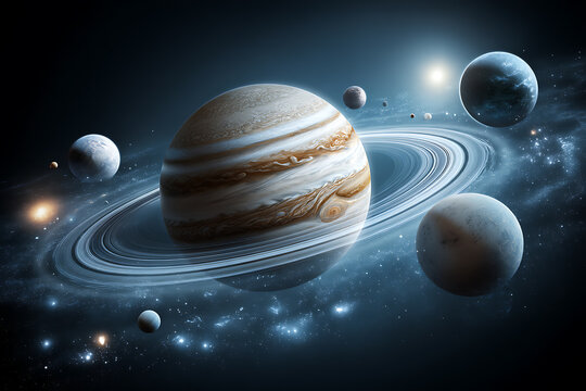 Majestic jupiter and its celestial moons in a breathtaking cosmic scene