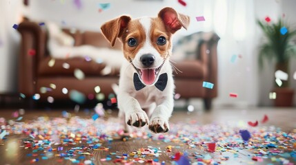 Playful dog wearing a bowtie jumps through colorful confetti in a festive setting.