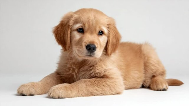 Golden Retriever puppy: A close-up portrait of an adorable golden retriever puppy with a soft, fluffy coat, exuding charm and innocence. capturing its puppy-dog eyes and gentle expression.