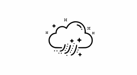 Stylized cloud with rain and sparkle, representing weather conditions, in line art style on a white background