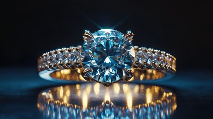 Stunning diamond ring with intricate setting and brilliant shine on a reflective surface.