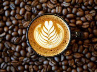 Coffee with latte art surrounded by roasted beans in a flat lay composition.