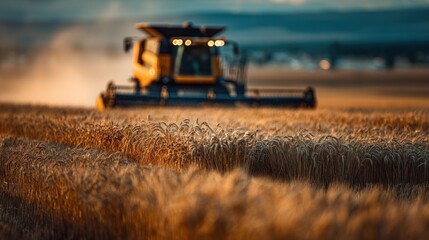 Fototapeta premium Golden Harvest: Combine Harvester at Dusk on a vast field of wheat