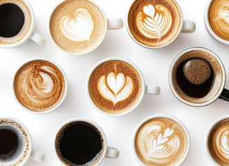 Artfully designed coffee cups arranged in a visually appealing layout.
