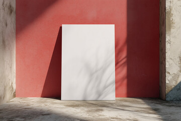 A white A1 size poster mockup on a on a raw concrete background with soft shadows. red background