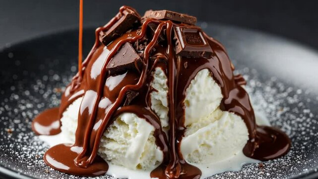 A close-up view of a scoop of ice cream covered in melted dark chocolate.  The ice cream is a light, creamy white color and is piled high, with melted chocolate sauce cascading down its sides. 