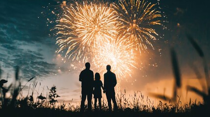 Silhouetted family watching vibrant fireworks against a night sky.
