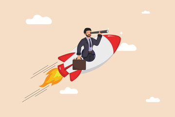 Concept of Startup Progress and Innovation: Leader Propelled by Rocket, Seeking New Horizons.
