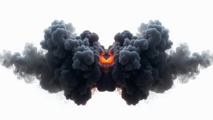 A symmetrical explosion of dark smoke clouds with glowing orange fire at the center, creating a dramatic and mirrored visual effect on a white background. The image evokes a sense of intensity.