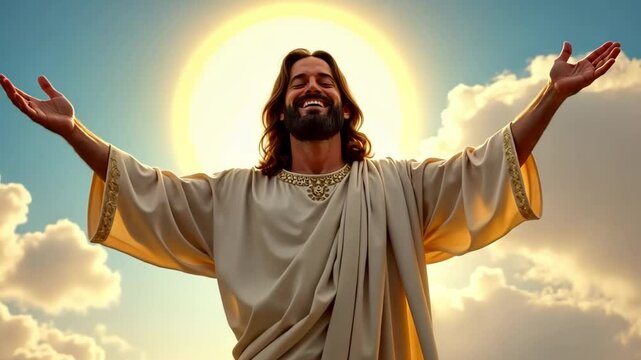 A smiling man, Jesus, with open arms and a sunny halo against a blue sky, walks towards the camera, embracing concept and welcoming shots.
