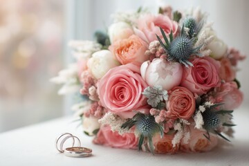 A lush bridal bouquet of peach, pink, and white roses, peonies, and thistle, rests on a surface near two gold wedding bands