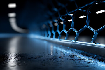 Futuristic hexagonal grid structure dark blue neon lights