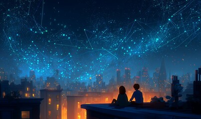 Evening rooftop stargazing in a vibrant cityscape with two friends