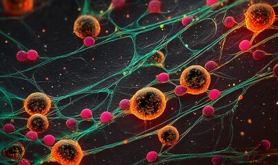 Colorful microscopic view of cells and fibers in scientific study