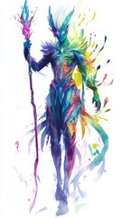 Ethereal Watercolor Figure with Staff. A vibrant, watercolor-style illustration of an ethereal figure with a staff, perfect for a unique t-shirt print design.