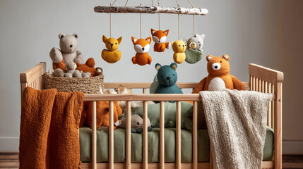 Wooden crib with stuffed animals and blankets is ideal for baby related designs, nursery decor concepts, parenting blogs, and advertising.