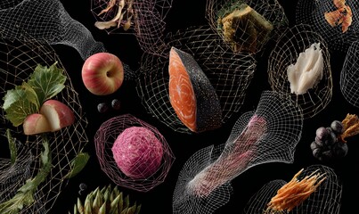 Food items arranged in a creative layout on a dark background