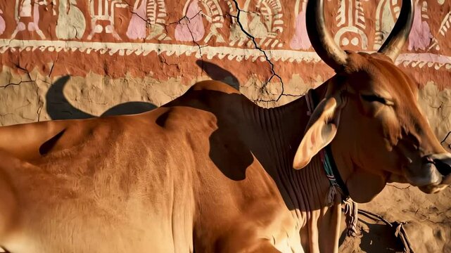 calm indian cow. A peaceful brown cow resting beside a traditional mud house adorned with colorful wall art during a sunny afternoon in a rural setting