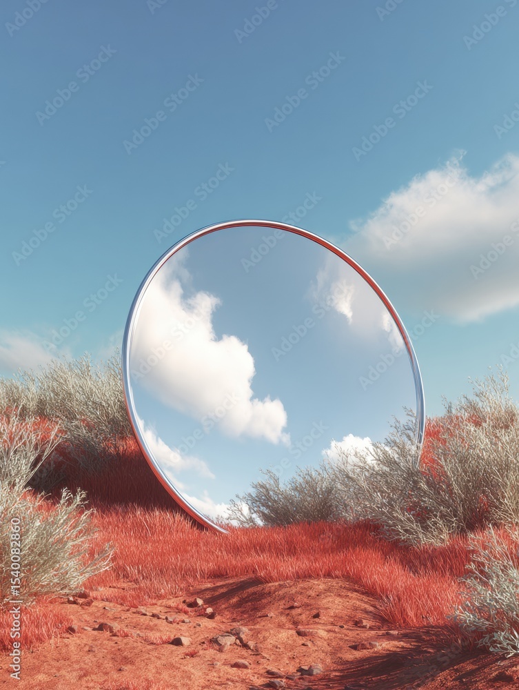 Poster self-reflection mirror suspended in a vibrant abstract landscape with rich textures and clear skies