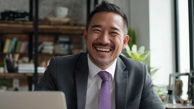 Smiling Executive: Confident businessman, radiating charisma, embodies professionalism and approachability, making a strong first impression