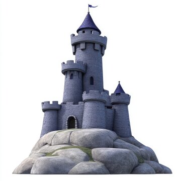 Grey Stone Castle on Rocky Hilltop, Digital Illustration