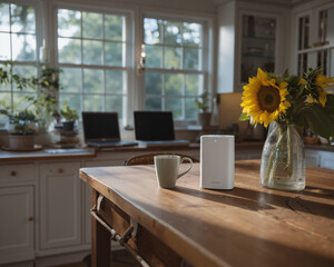 White smart speaker on rustic kitchen island beside coffee mug and sunflowers, sunlit home workspace in bright modern farmhouse
