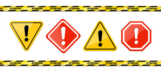 3d realistic vector icon set. Warning signs and danger yellow ribbon isolated on white background.