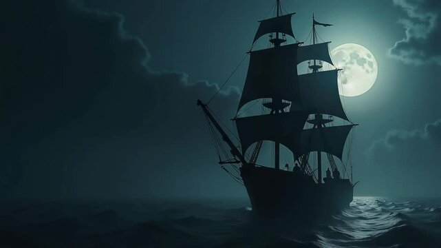 Elegant pirate ship silhouette on a dark navy gradient background