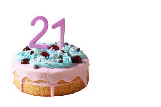Celebrating 21st Birthday Delicious Cake with Pastel Frosting, Cherries, and Chocolate Chips - Powered by Adobe