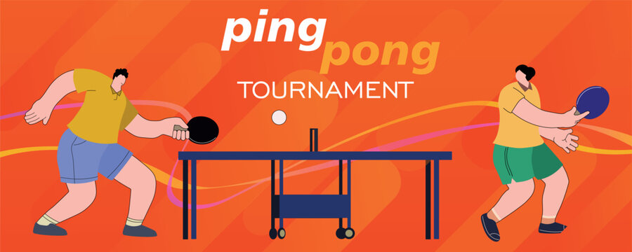 Ping pong turnir, gorizontal'nyy banner chempionat, dva cheloveka igrayut v natsol'nyy tennis. Vektornaya illyustratsiya flet,aktivnyy otdykh, raketochnyy sport Moy opyt v sozdanii detskikh risunkov i