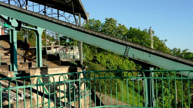 Scenic footage of Schwebebahn Dresden, historic suspension railway moving along its track in Dresden, Germany. Unique transportation system operating above ground with panoramic views
