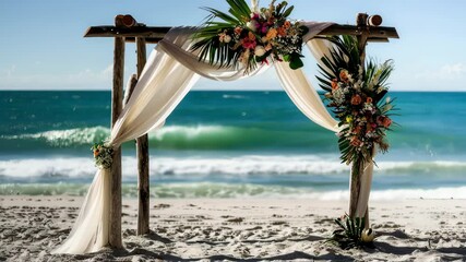 Romantic beach wedding setup with floral arch and ocean view backdrop footage