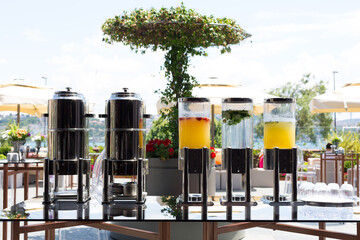 An elegant outdoor refreshment setup featuring glass dispensers filled with fruit-infused water and juices, perfect for a sunny garden gathering or catered event.