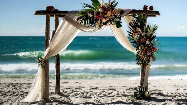 Romantic beach wedding setup with floral arch and ocean view backdrop footage