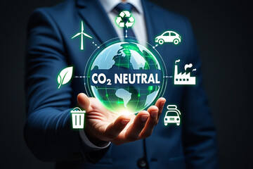 Businessman Holding Holographic Globe Showing CO2 Neutral Concept