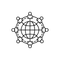 Fototapeta premium Diverse team collaborating around a global network concept, with line art style on a white background