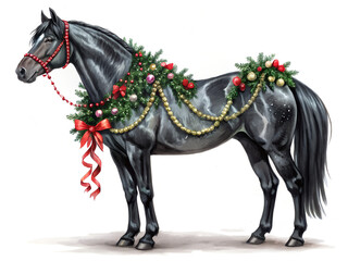 Majestic horse adorned with tinsel and holiday ribbons on a white background, festive winter illustration